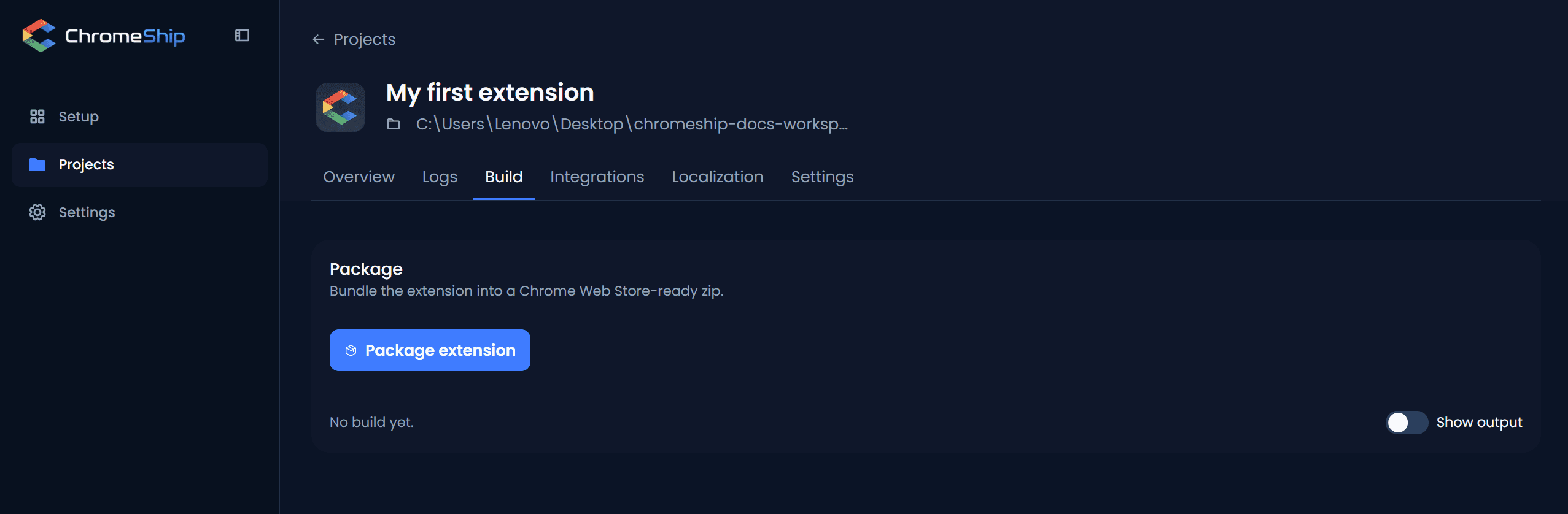 Build tab with version bump shortcuts and package button