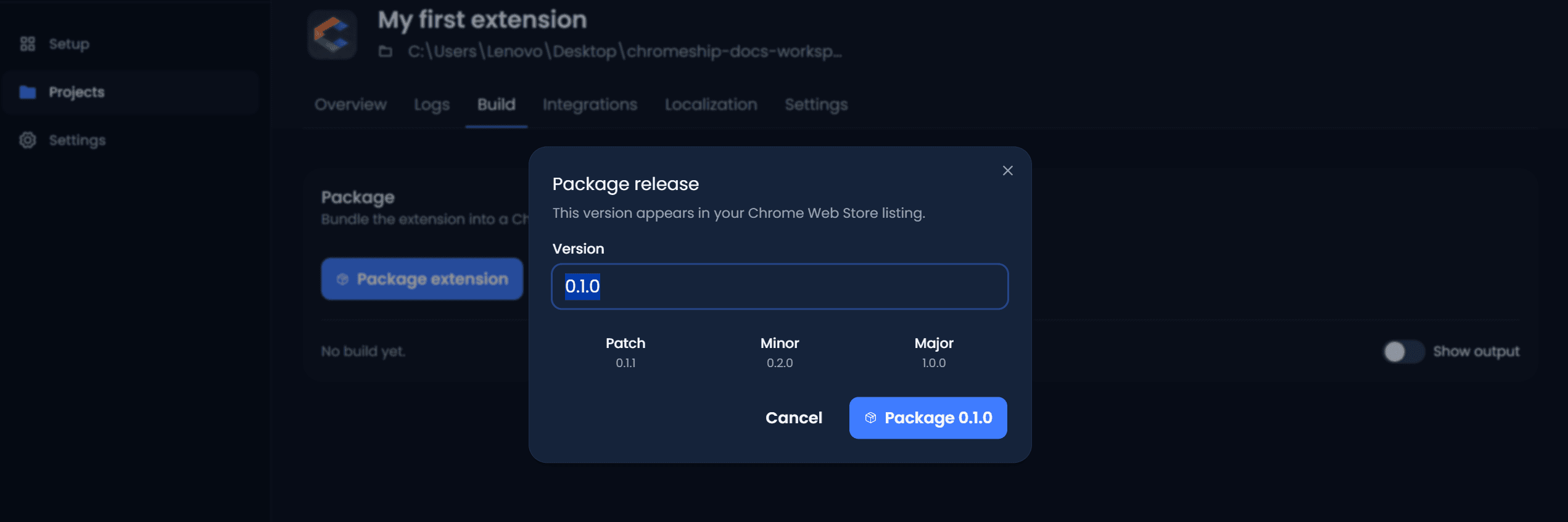 Version modal — type a version or use the bump buttons
