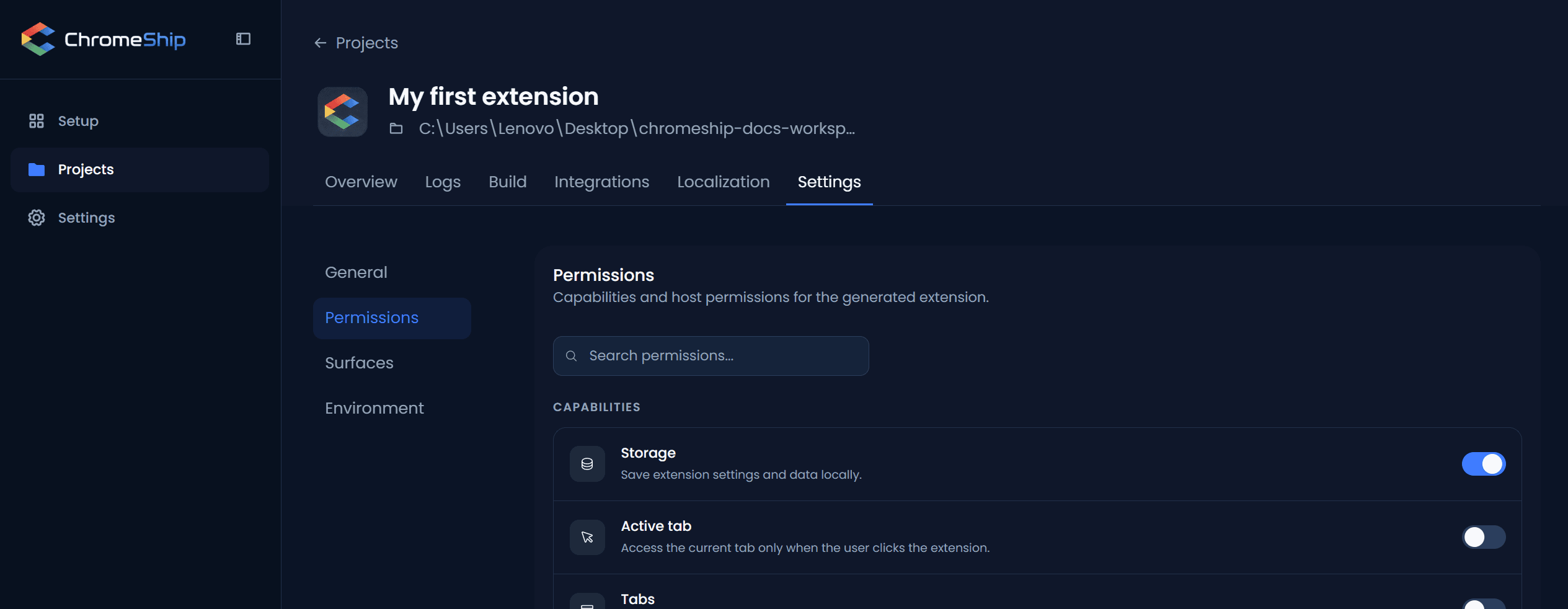 Permissions tab with capabilities and website access sections