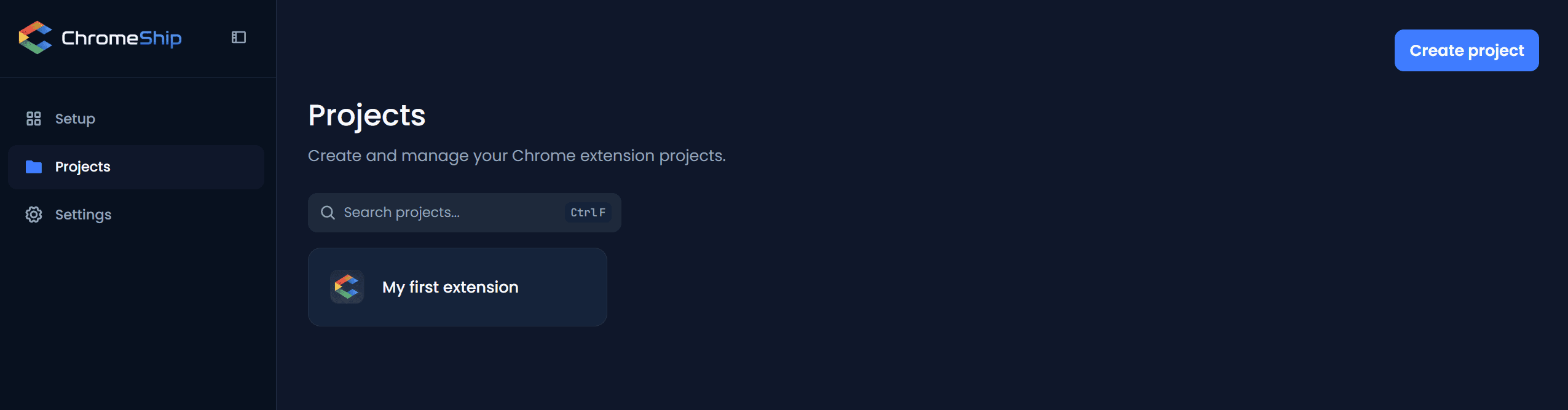Projects list showing the newly created project