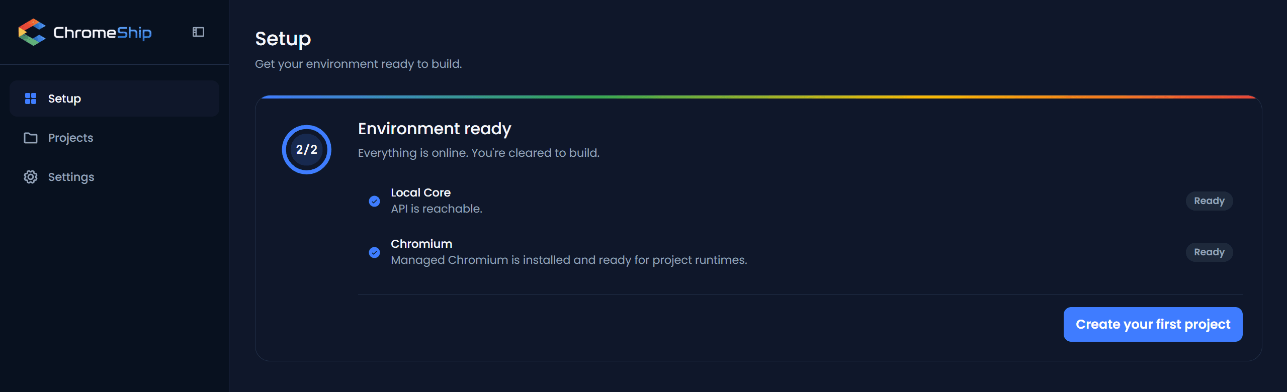 ChromeShip Studio welcome screen with the sidebar and Setup page