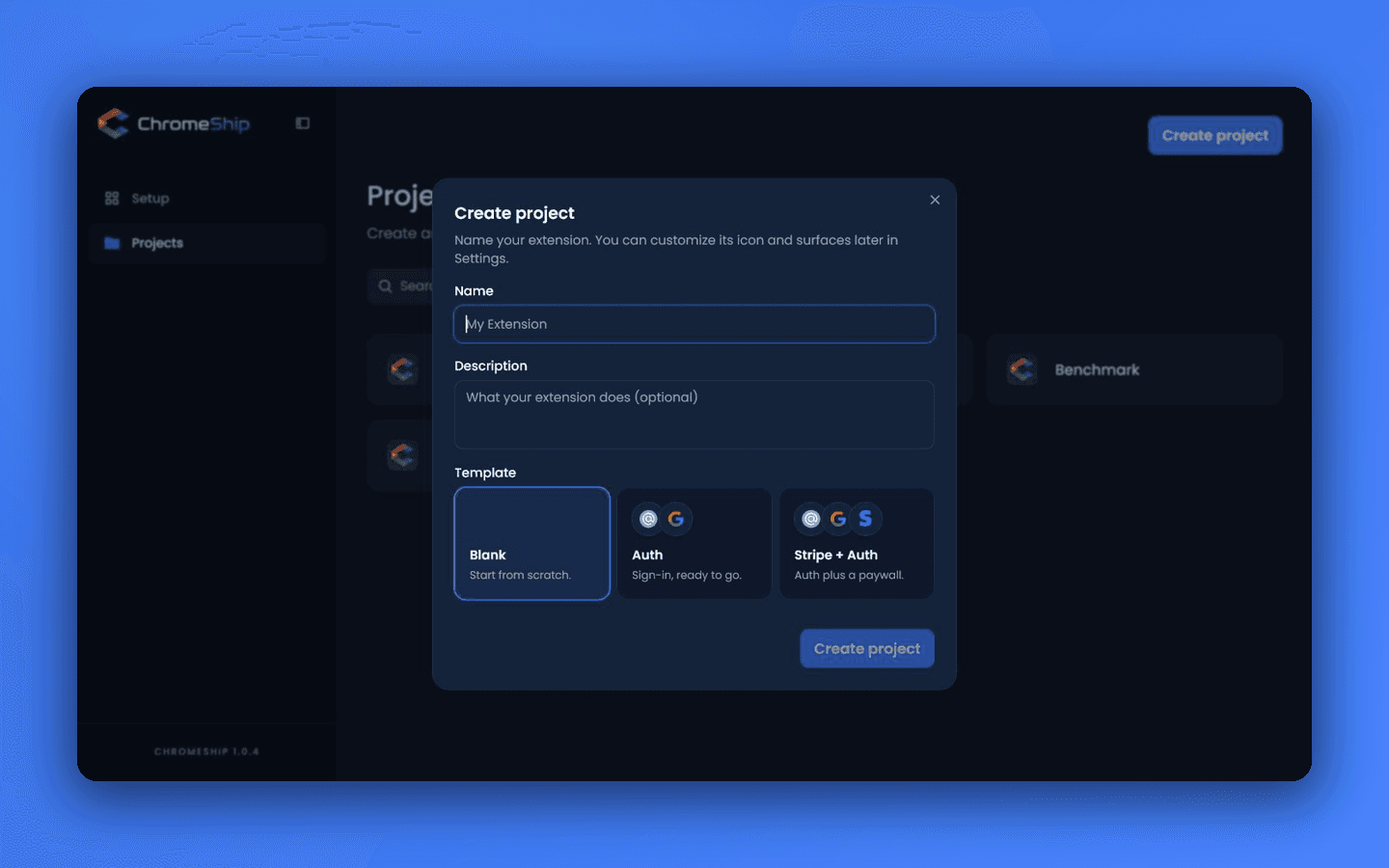 Create project modal with Blank, Auth, and Stripe plus Auth templates