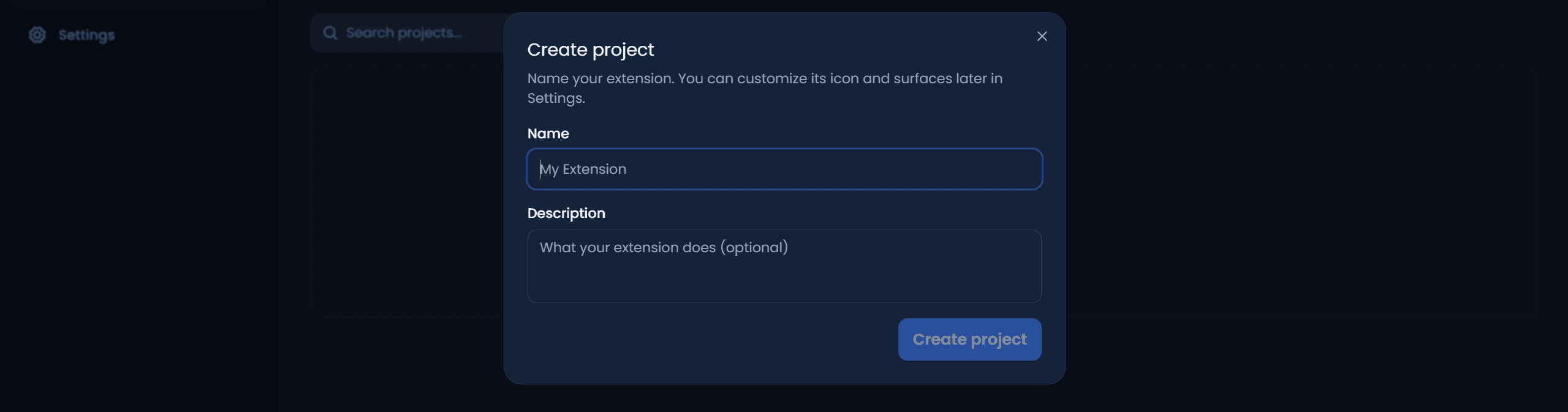 Create project modal with name and description fields