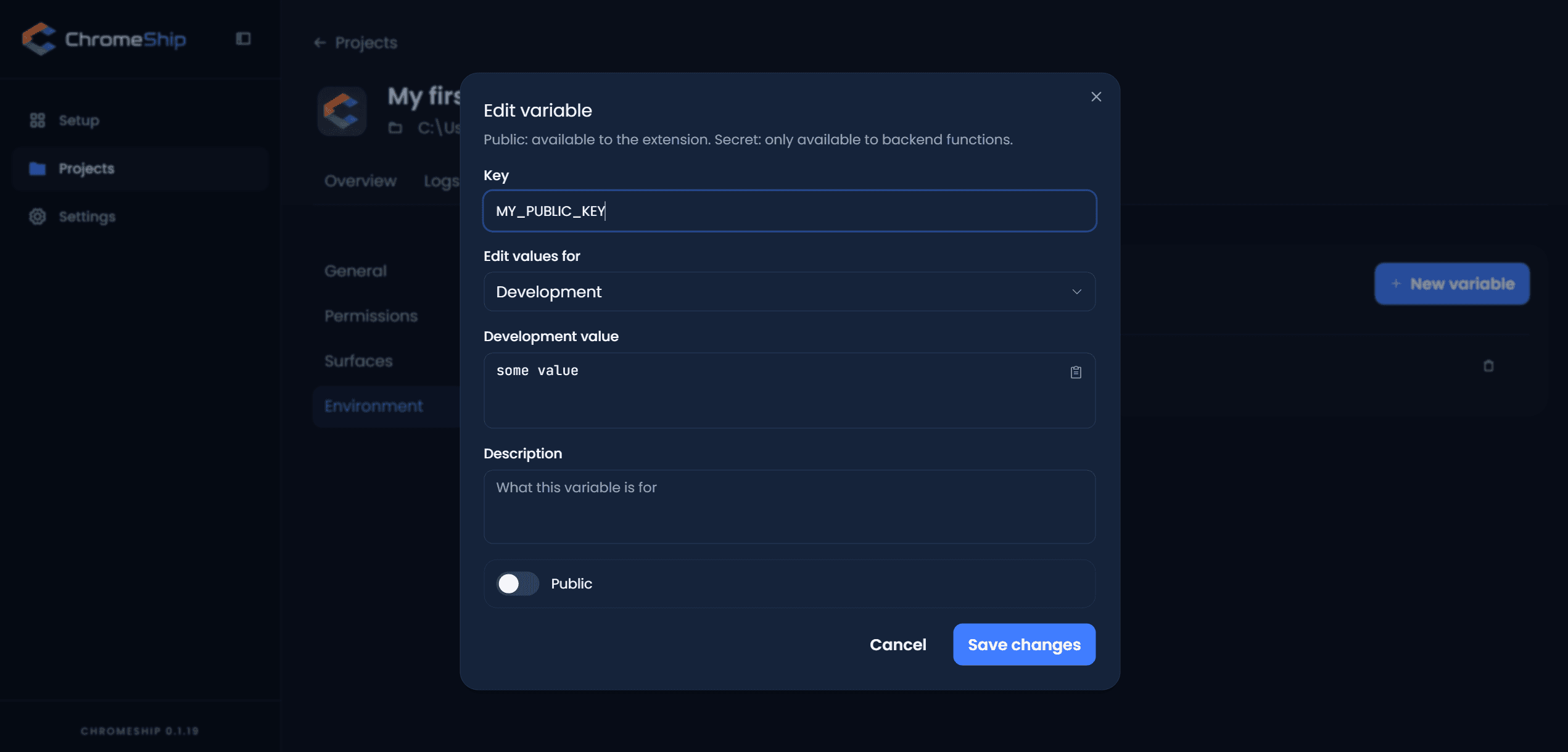 Add variable modal showing local vs production fields and public/secret toggle