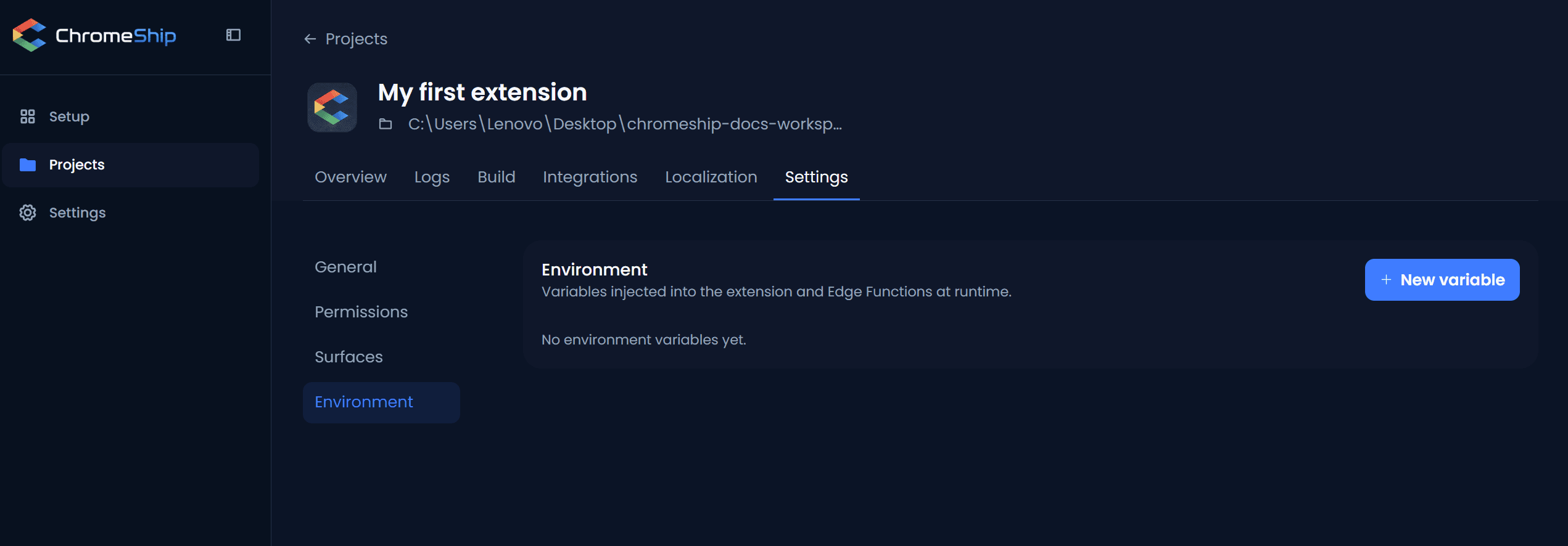 Environment tab in ChromeShip Studio
