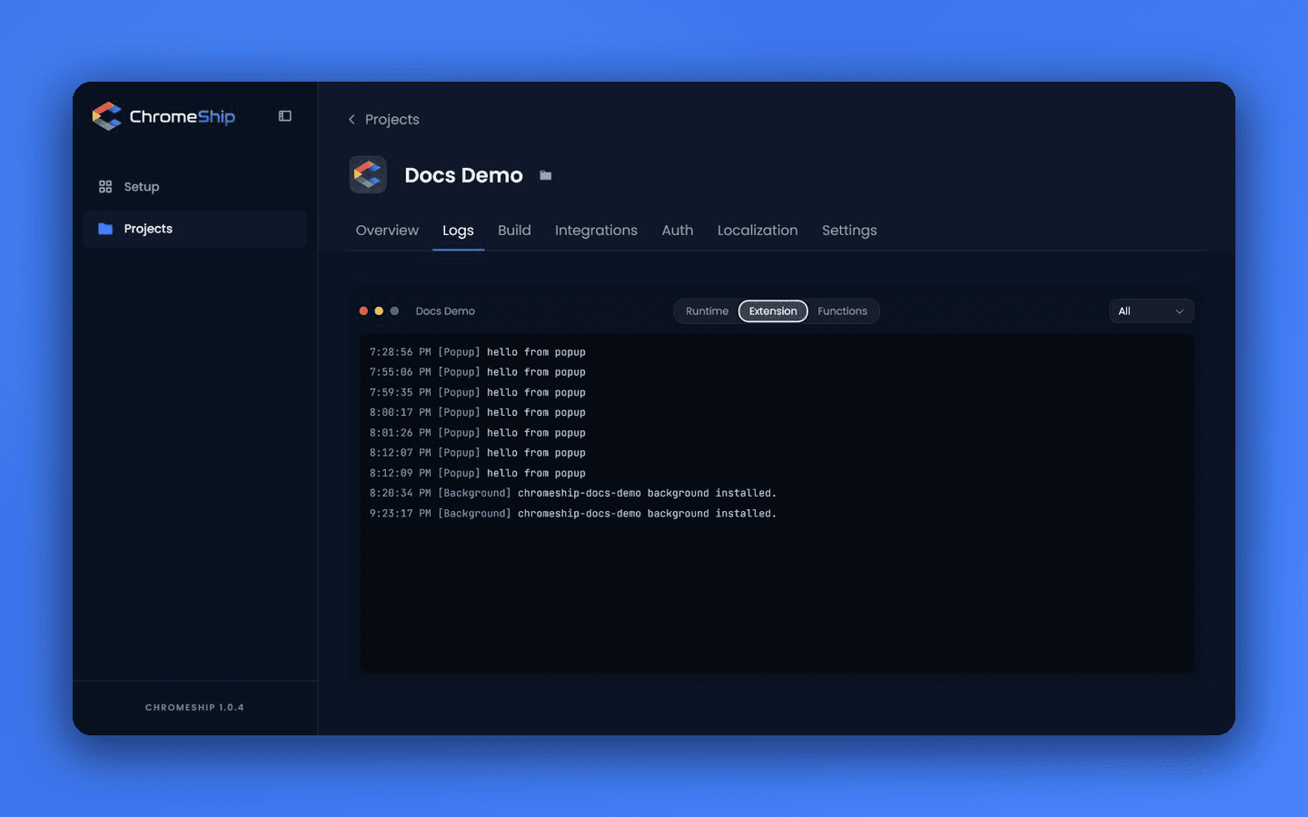 Extension logs showing a real-time console message from the Docs Demo popup