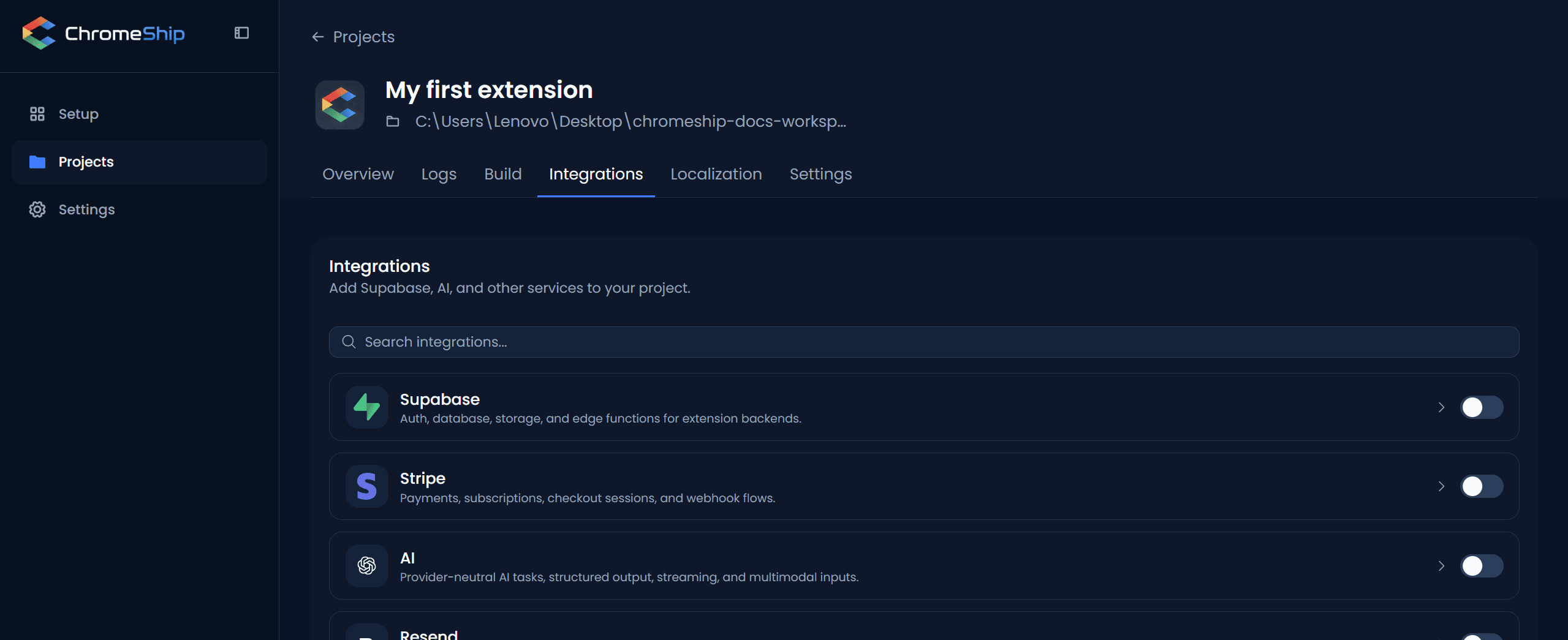 Integrations tab showing enabled modules with credential management