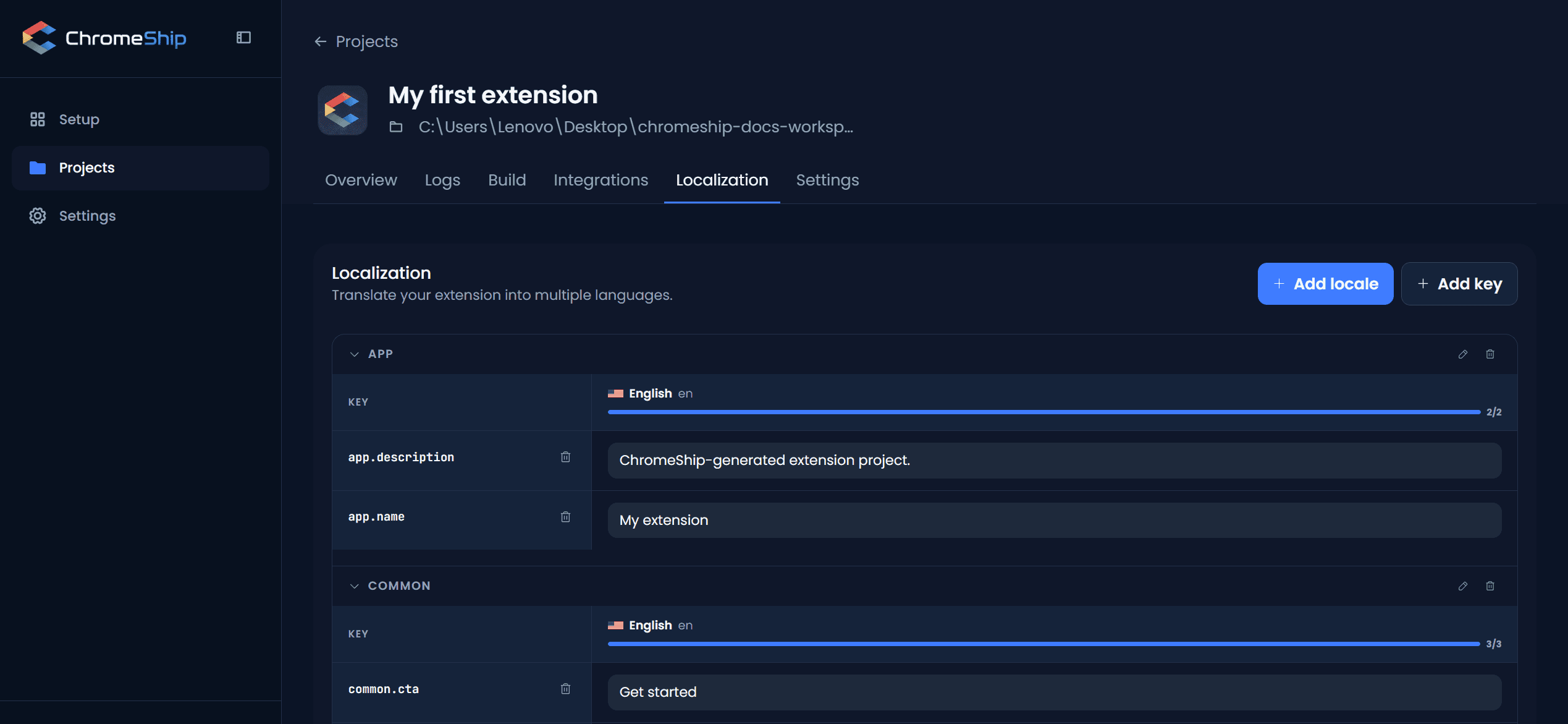 Localization tab with locale picker and translation table