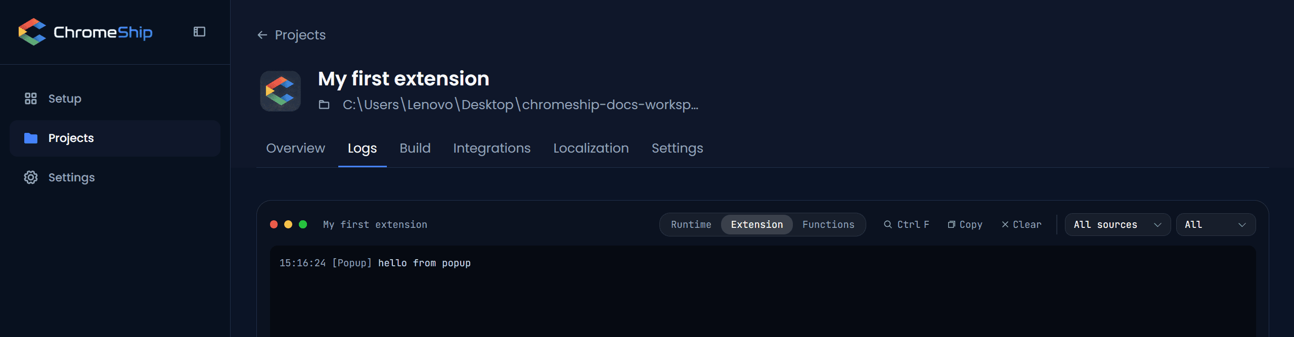 Logs tab showing real-time console.log output from the extension