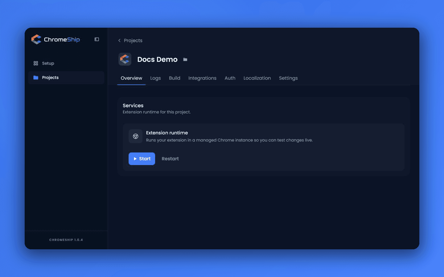 Docs Demo Overview with the extension runtime ready to start
