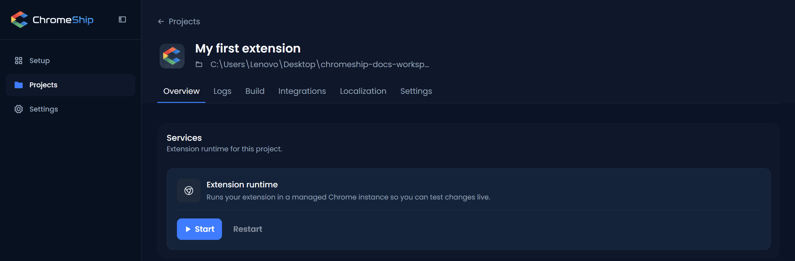 Overview tab with the Start button and runtime status
