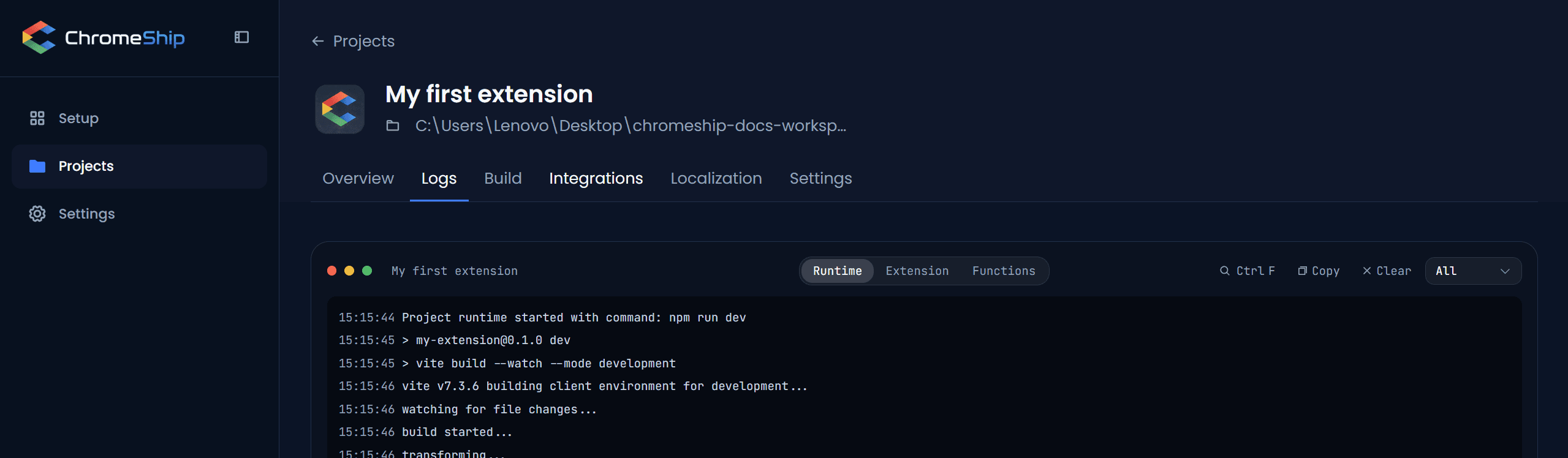 Logs showing the first startup — npm install, Chrome for Testing download, Vite build