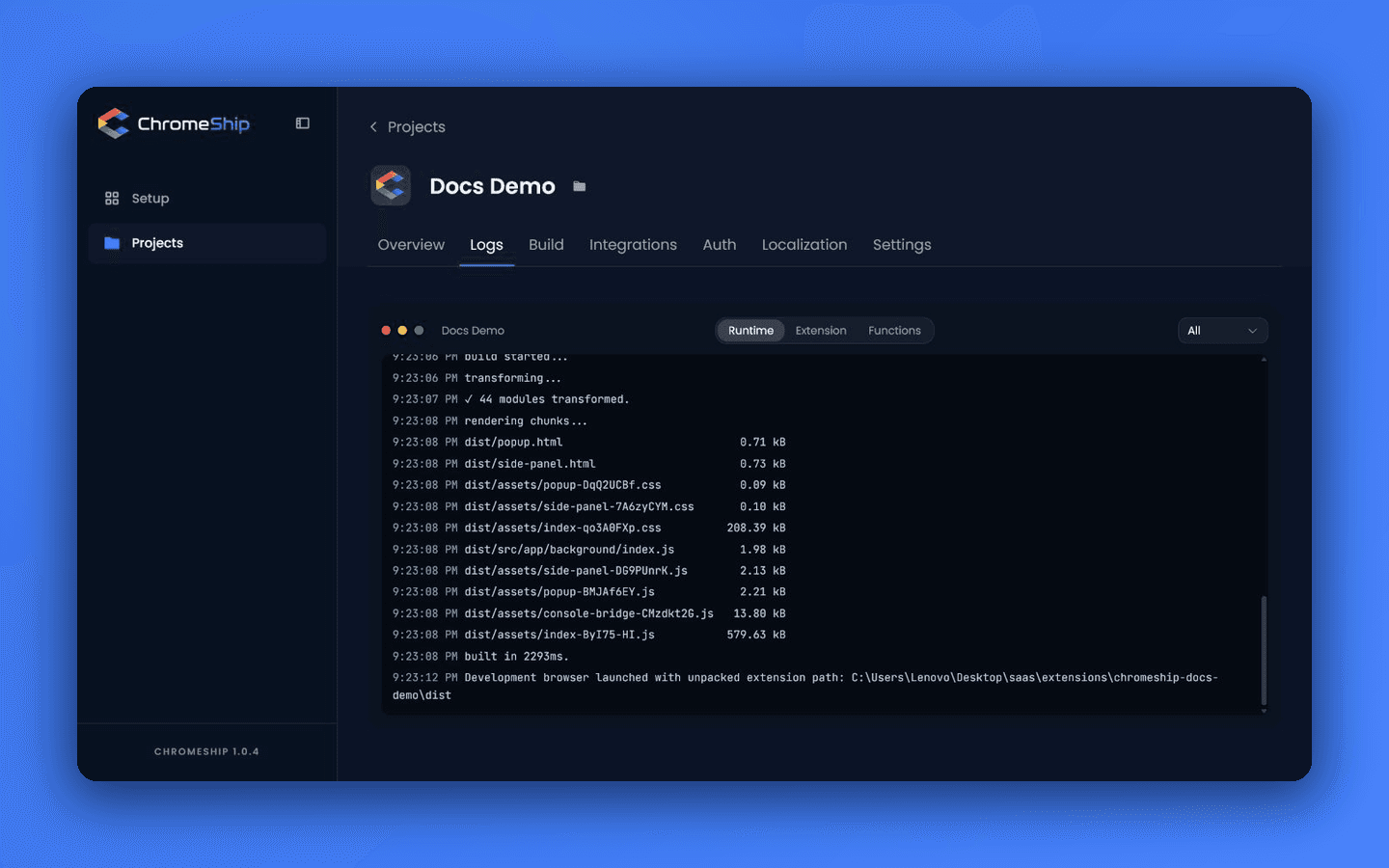 ChromeShip runtime logs showing dependency installation, the Vite build, and managed Chromium launch