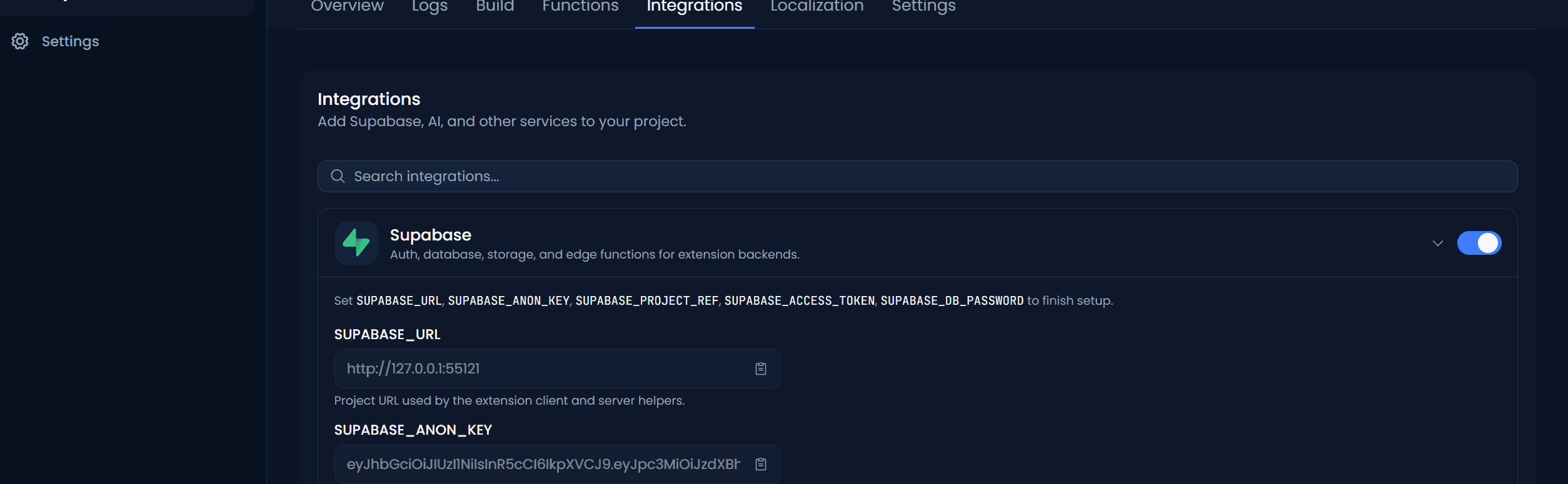 Integrations tab with Supabase enabled