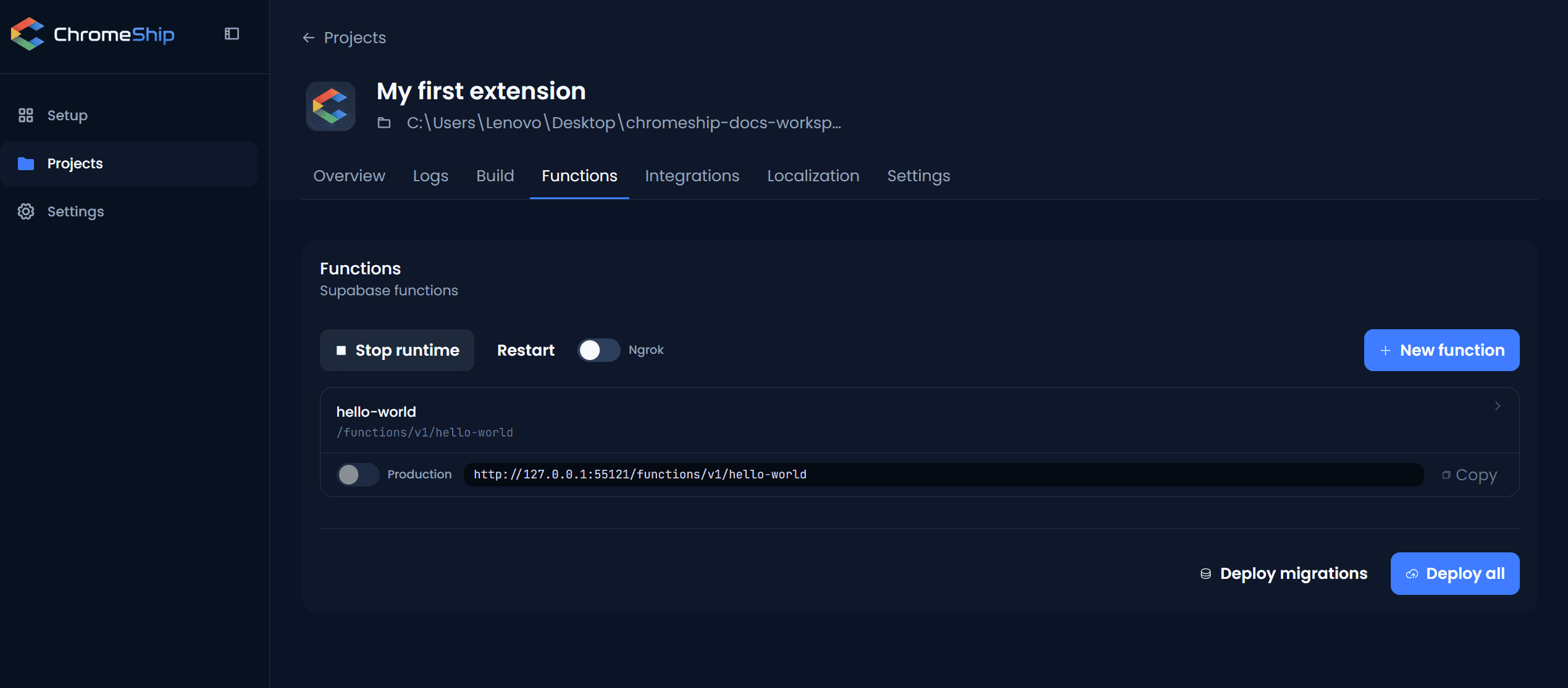 Overview tab showing Supabase Functions runtime started