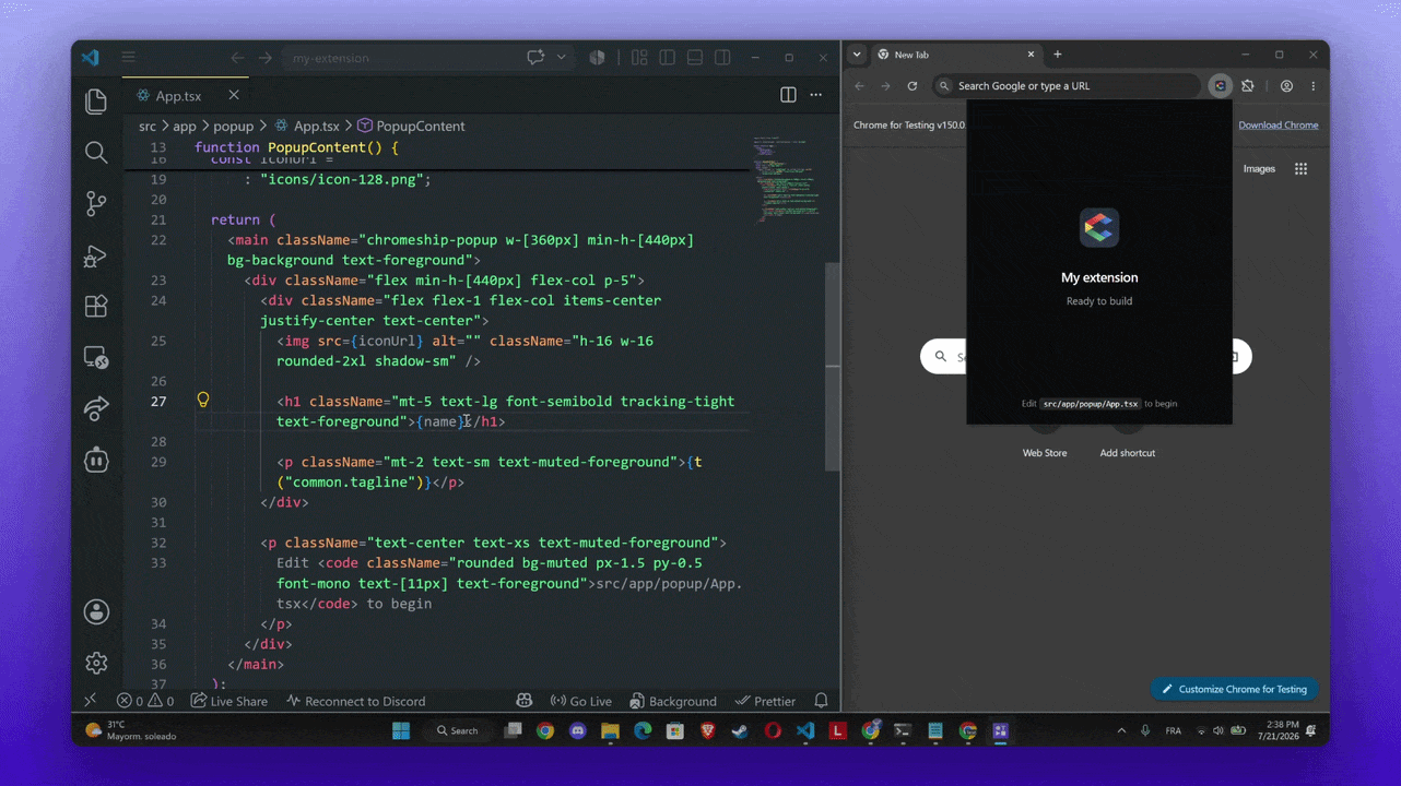 Live reload in action — edit code, Compiling badge, popup updates
